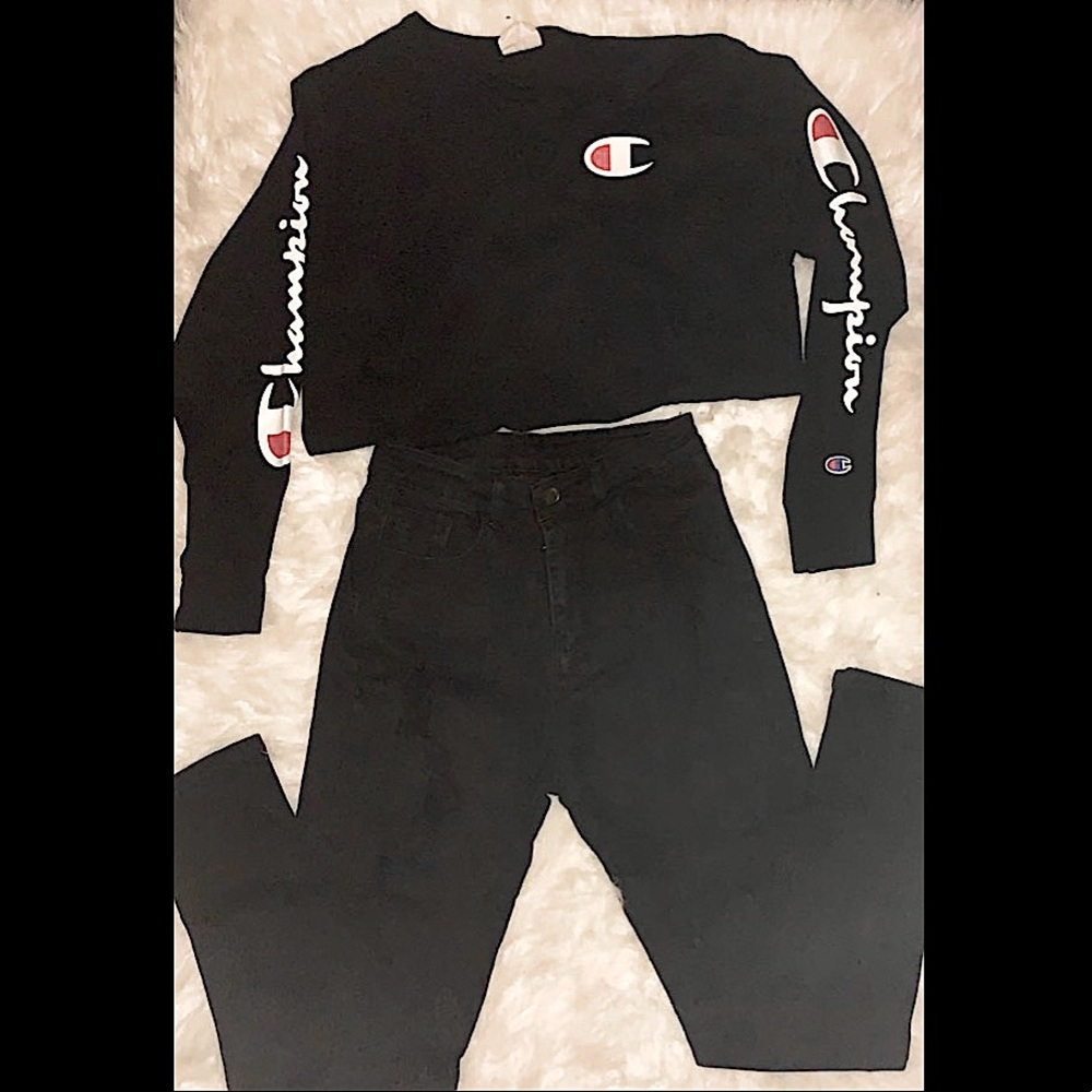 black jean and black long sleeve champion shirt set